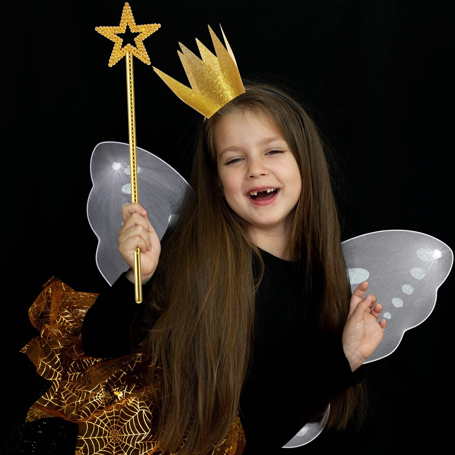 Girls Fairy Costumes, Fairy Wings Dress Up Wings Star Wand And Gold Crowns, Halloween Costume Dress Up Accessories 13 Inches Gold Fairy Wand Party Crowns Birthday Decorations Party Play Accessories