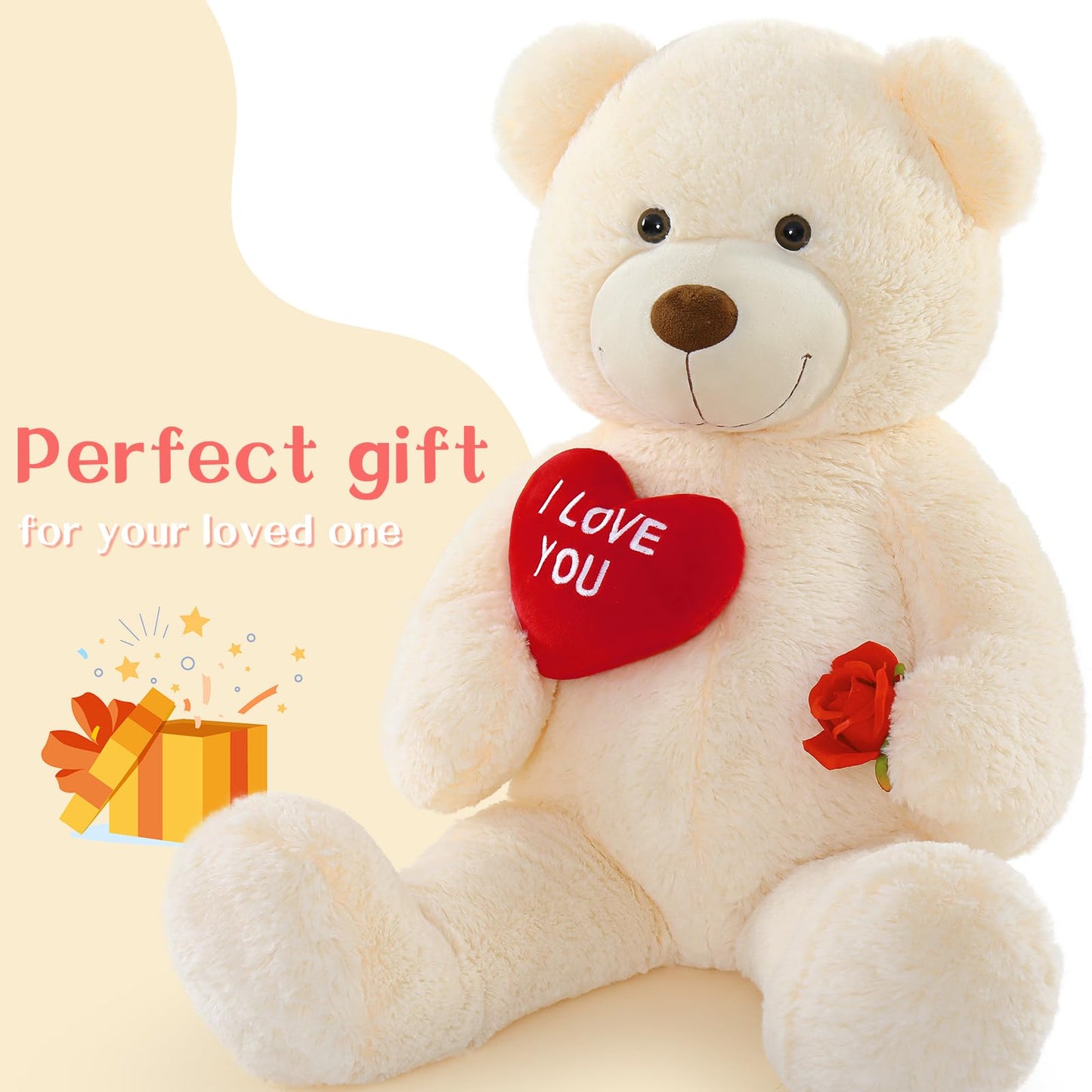 Beniny Big Teddy Bears, Giant White Teddy Bear Stuffed Animals With Embroidered I Love You For Girlfriend, Red Heart Fluffy Tedd