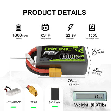 OVONIC 6s Lipo Battery 100C 1000mAh 22.2V Lipo Battery with XT60 Connector for RC FPV Racing Drone Quadcopter