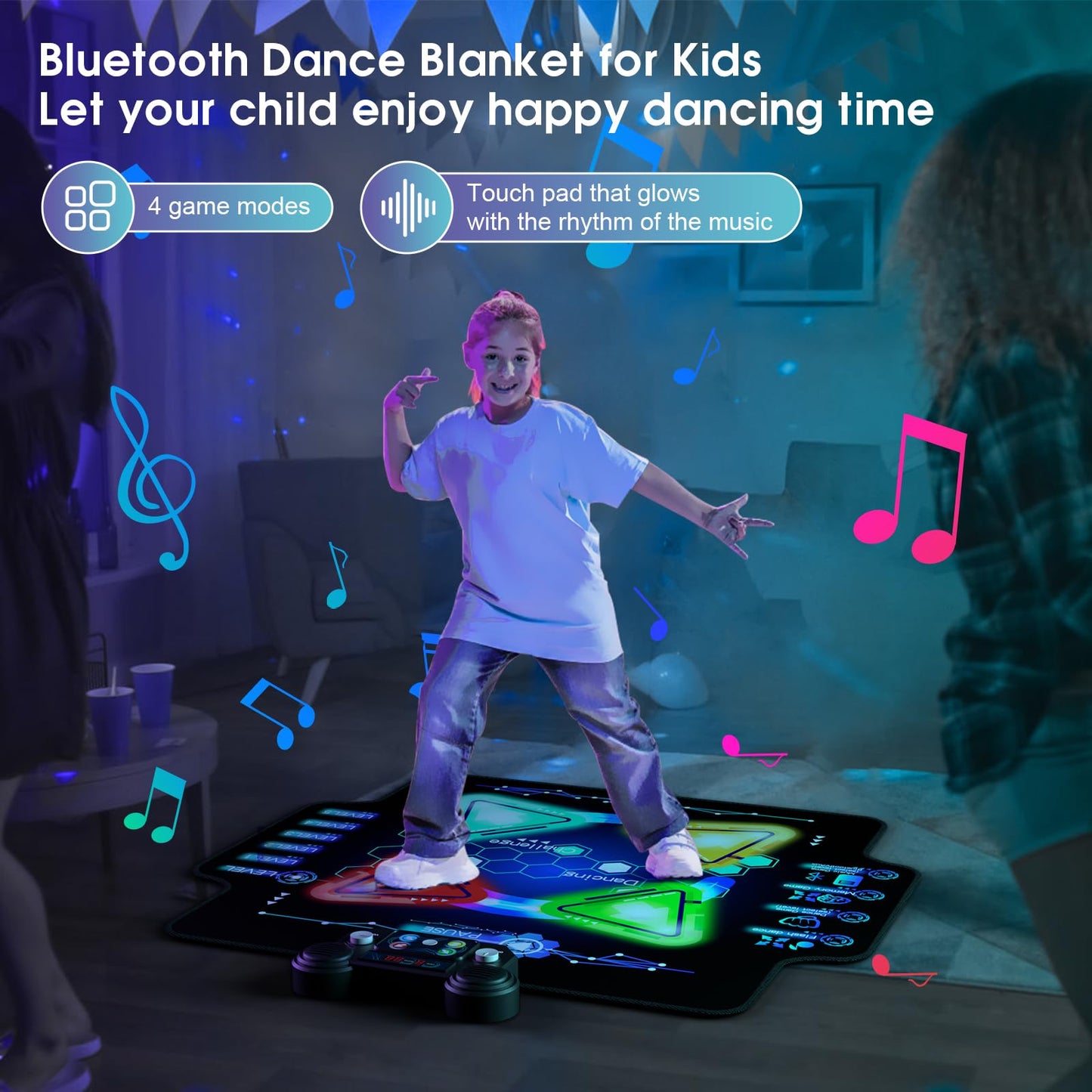 Zefinot Dance Mat For Kids Ages 3-12 Year - Dance Mats With Light Up 4-Buttons & Wireless Bluetooth,Music Dance Mat With 4 Game