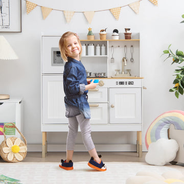 INFANS Kid Kitchen Playset, Toddler Wooden Pretend Cooking Set with Realistic Light & Sound, Stove, Sink, Microwave, Storage Cab