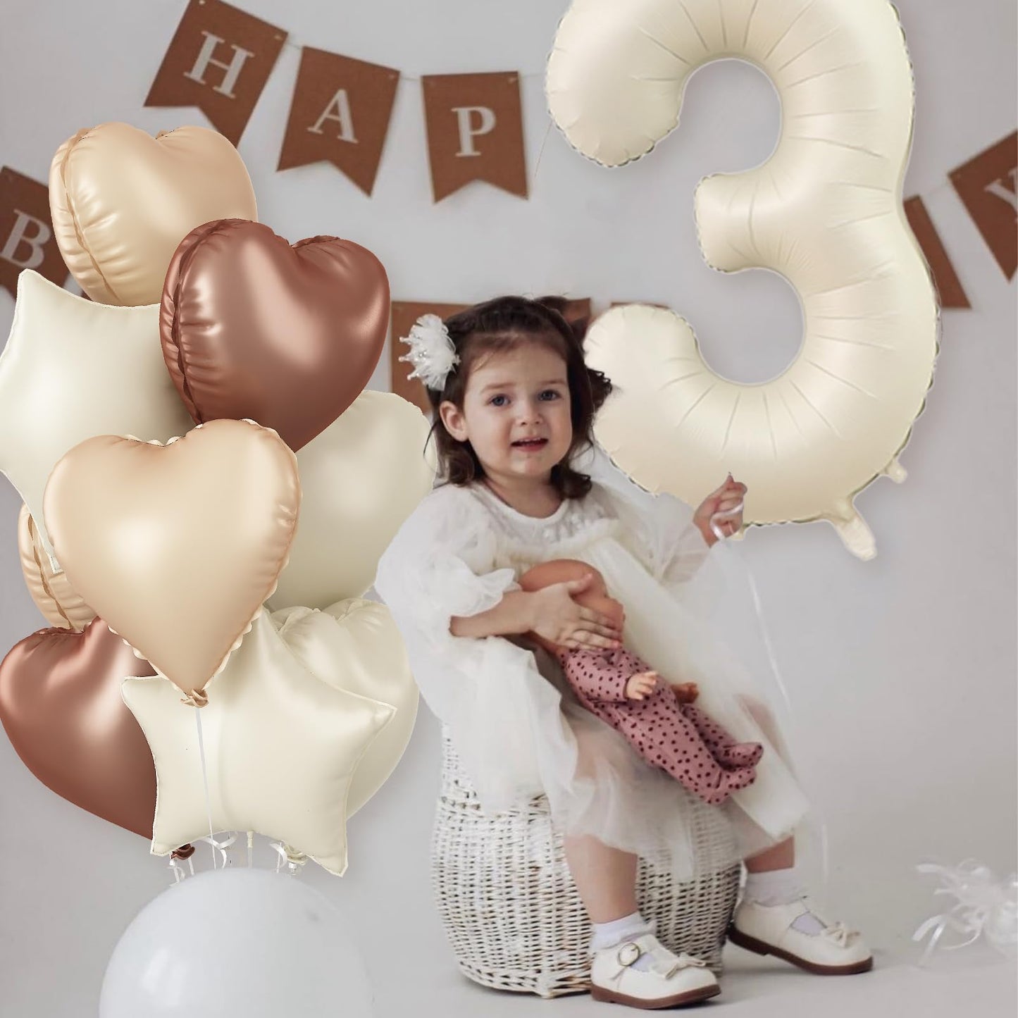 3Rd Birthday Balloons For Girls, Large Foil Beige Cream Sand White Neutral 3 Balloon, Nude Tan Apricot Brown Helium Heart Star B