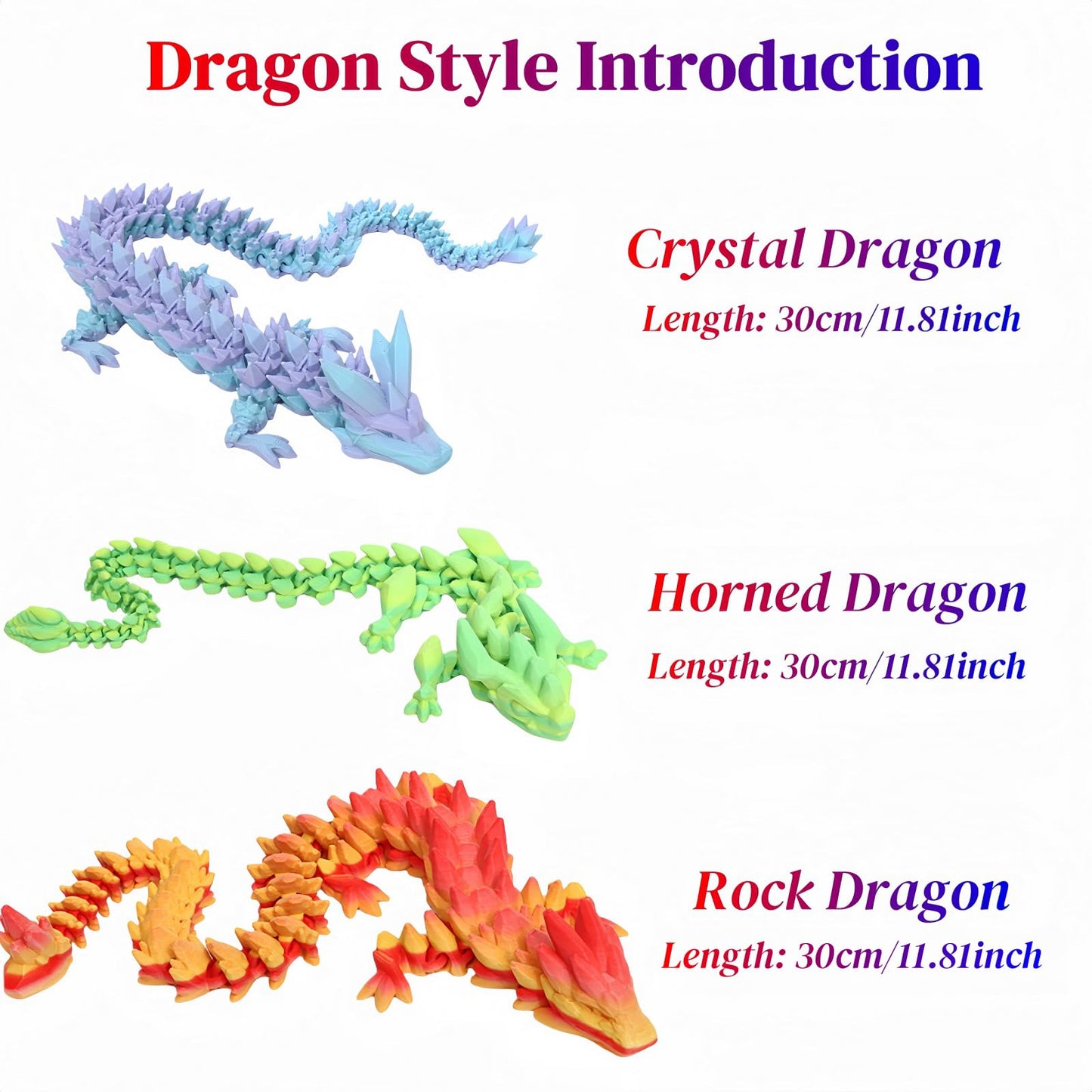 Mayical 4Pcs 12'' 3D Printed Dragons - 3D Printed Animals For Flexible Articulated Crystal Dragons, Perfect Children'S Day Gifts