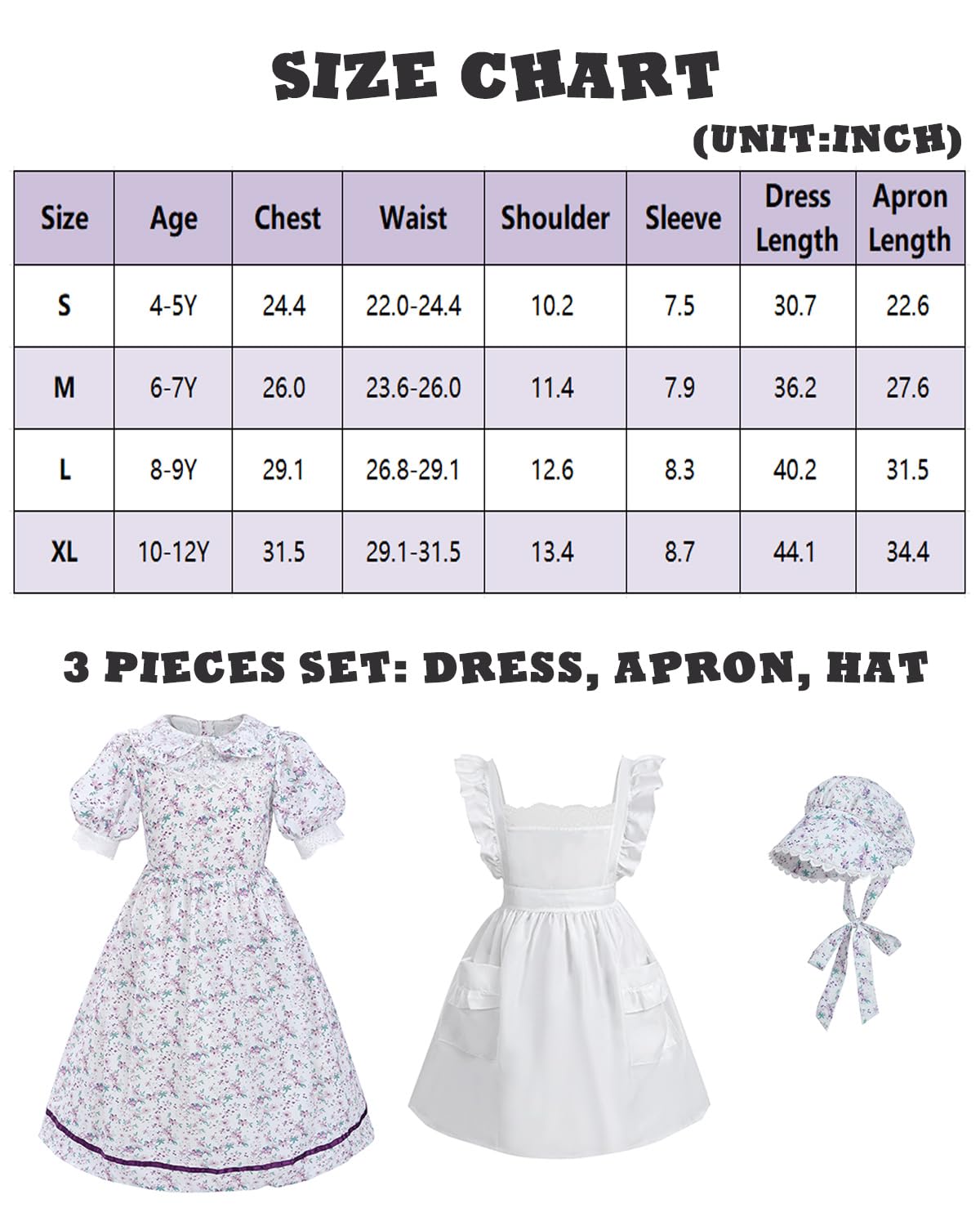 Cr Rolecos Colonial Prairie Costume Girls Floral Pioneer Dress For Girls Short Sleeves Pilgrim Costume Light Purple M Age Over 4