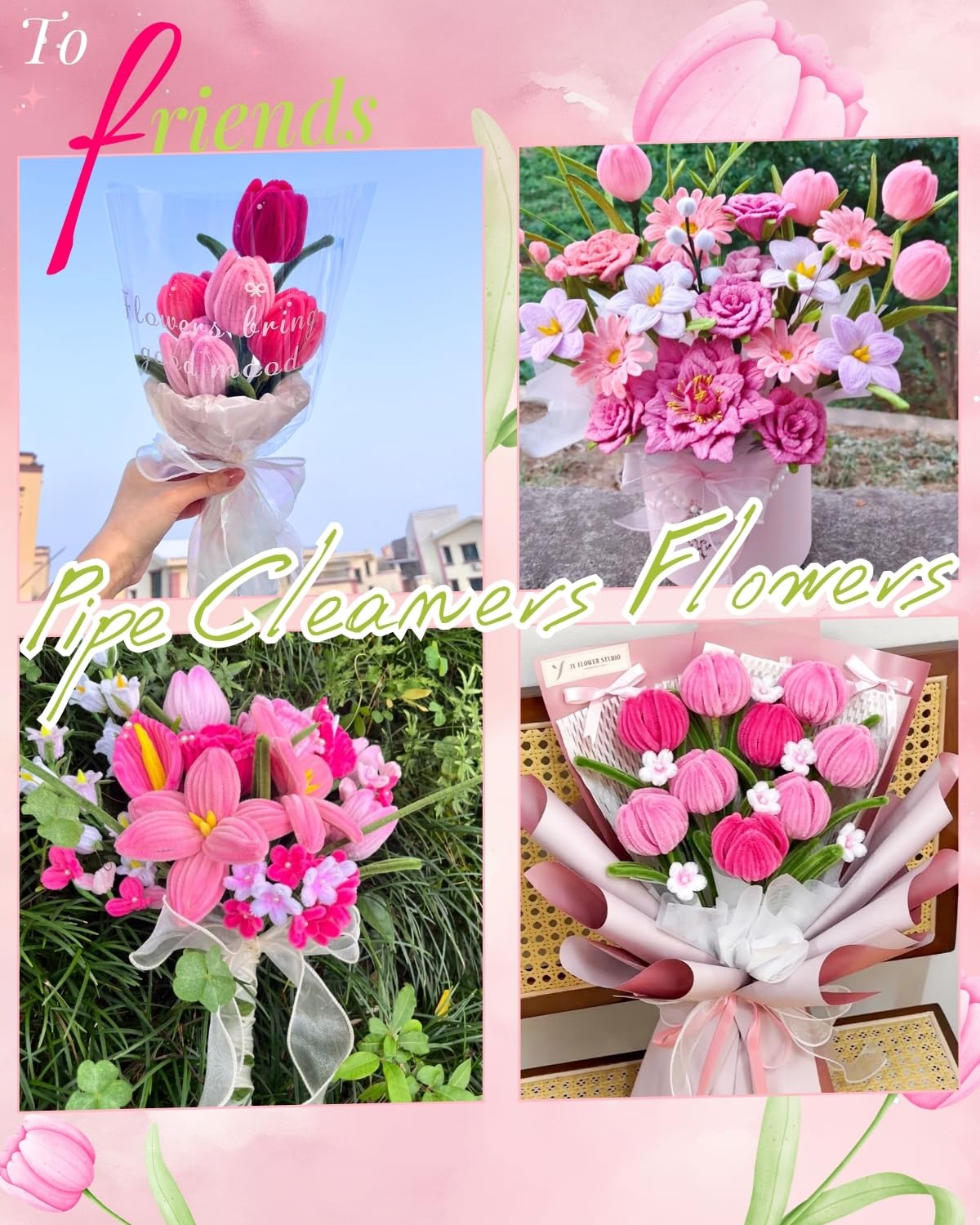YYUENG TAK Pink Pipe Cleaner Flowers Craft Kit, 200 pcs, Chenille Stem, DIY Tulip Bouquet, 4 Colors, Olive Green, Model YYDP0002