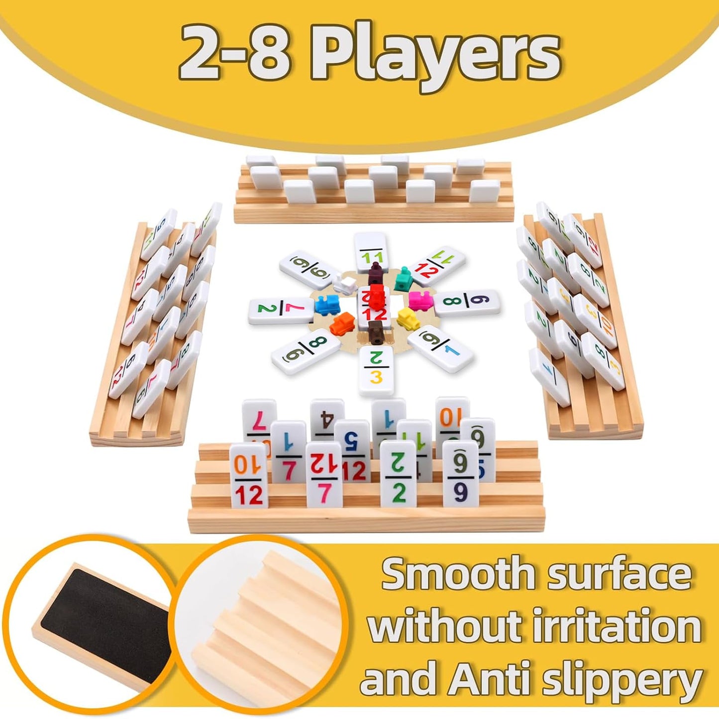 Double 12 Mexican Train Dominoes Set With 8 Wooden Racks & 91 Number Tiles Portable Travel Board Game For Kids And Adults Family
