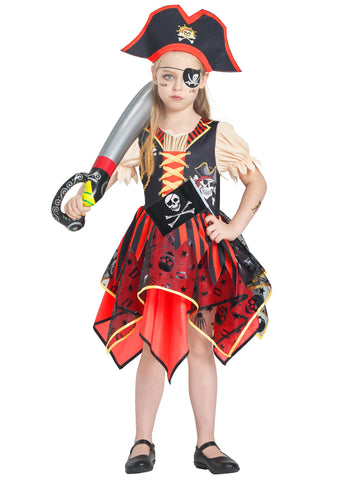 IKALI Girls Pirate Costume with Hat Accessories, Buccaneer Princess Fancy Dress Outfit for Kids 4-6 Years Themed Party Role Play