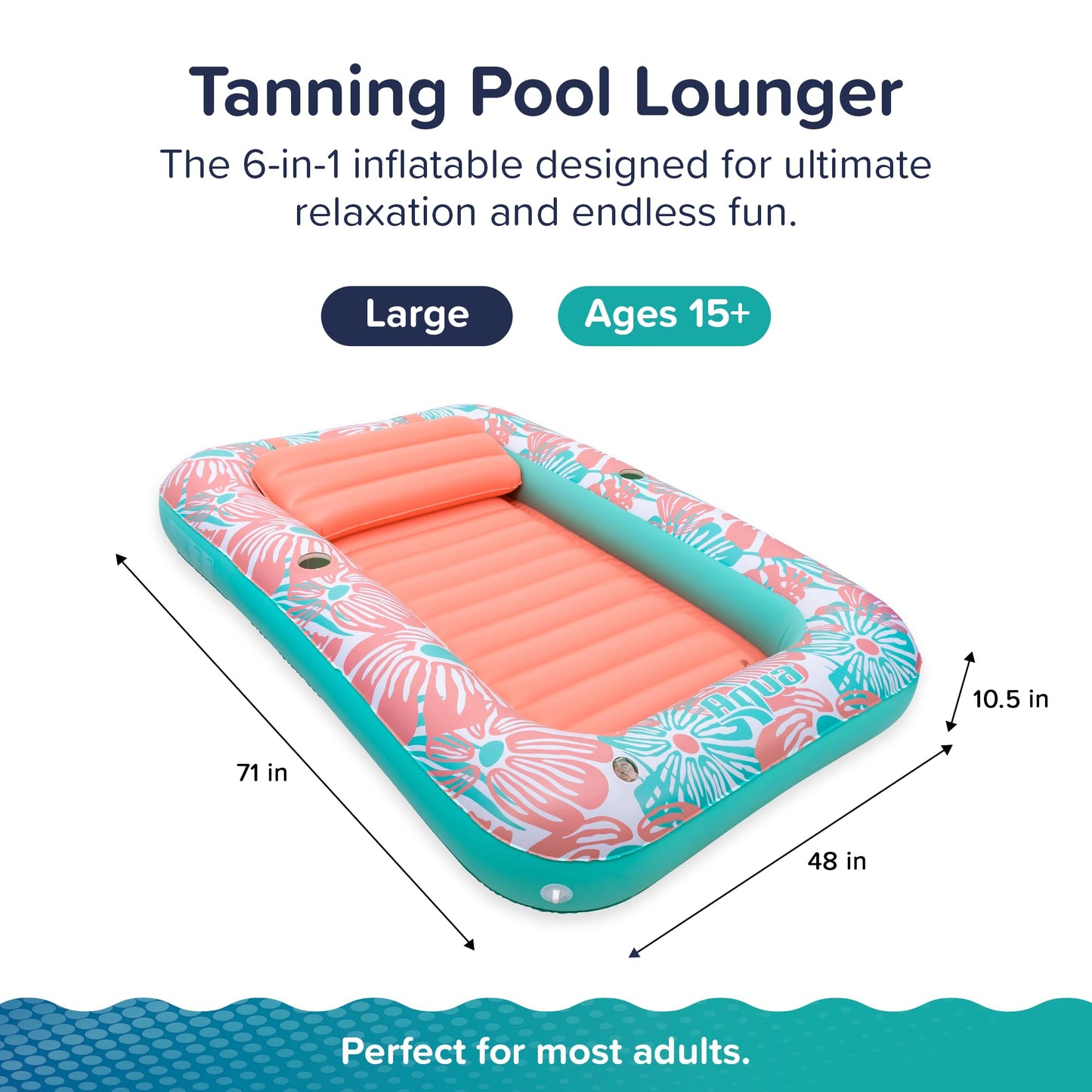Aqua Inflatable Tanning Pool Lounger - Large (71 x 48 in) - Premium Pool Float with Cupholders and Removeable Pillow for Relaxat
