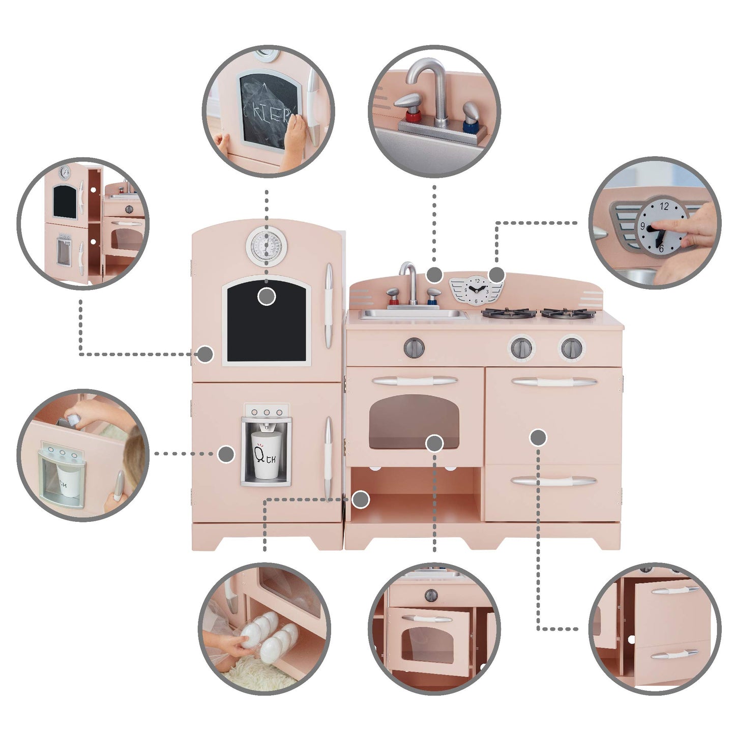 Teamson Kids - Retro Kids Toy Pretend Play Kitchen Playset with Refrigerator. Freezer. Oven and Dishwasher - Pink (2 Pcs)