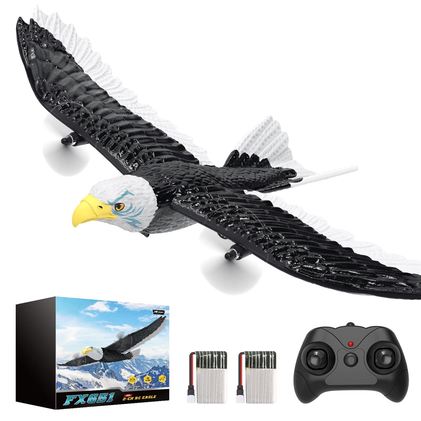 Deerc Rc Plane, Remote Control Eagle Plane, Rtf Airplane, 2.4Ghz 2Ch Flying Bird With 2 Batteries & Propeller 6-Axis Gyro Stabil