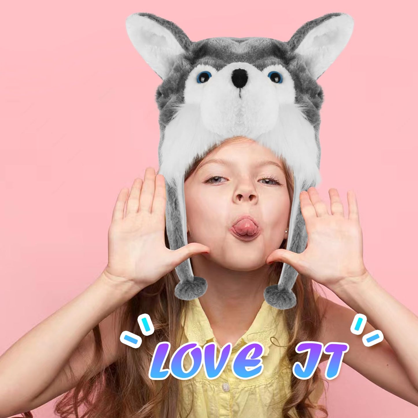 Funny Plush Animal Hat with Ear Flaps, Soft Fleece Hats Cute Bunny Cap for Kids Women Girls Cosplay Party (Husky) Multi-Colored