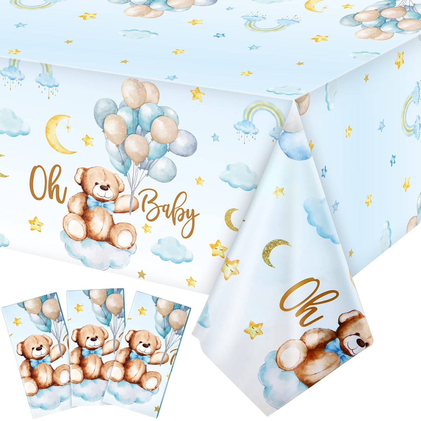 Tatuo 3 Pack Bear Baby Shower Tablecloth Plastic Table Cover Balloon Bear Rectangle Tablecloth for Boy Girl Gender Reveal Birthd