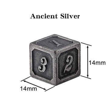 DNDND Ancient Silver D6 Dice Set, 6 Pieces Six Sides Solid Metallic Dice with Free Black Velvet Bag for DND RPG Pathfinder Shado