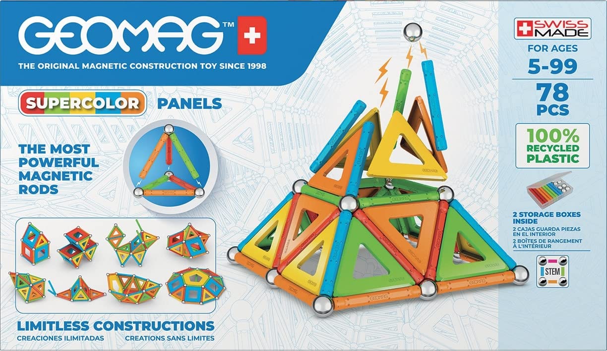 Geomag Magnetic Toys Supecolor Tiles 78-Piece Building Set For Kids Ages 5-99 | Swiss-Made Stem & Steam Authenticated Educational Toy Made From 100% Recycled Plastic | Creative Learning Play