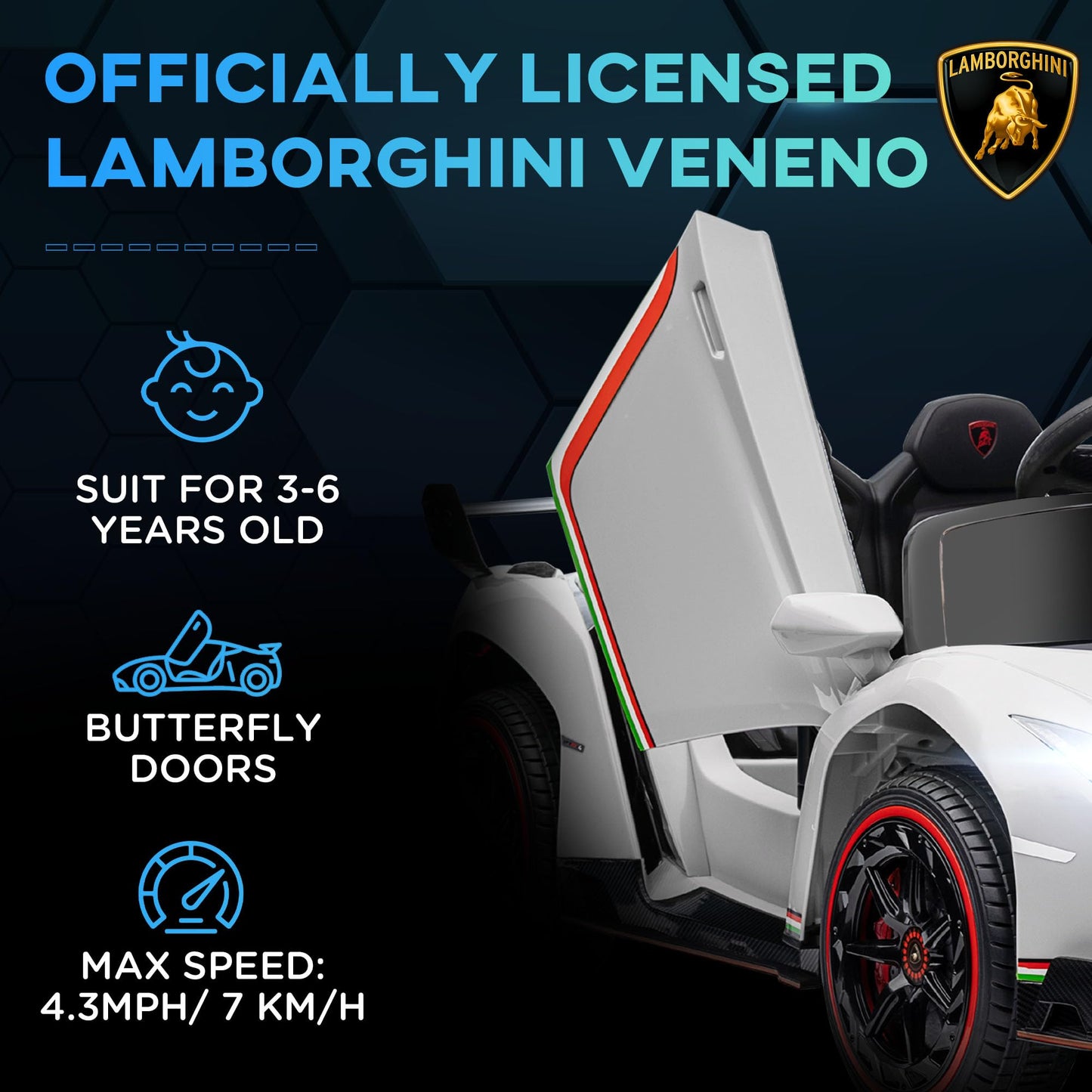 Aosom Lamborghini Veneno Licensed Kids Electric Car With Bluetooth, 12V Ride On Car With Butterfly Doors, Remote Control, Portable Battery, Suspension System, Horn, Songs, Lights, White