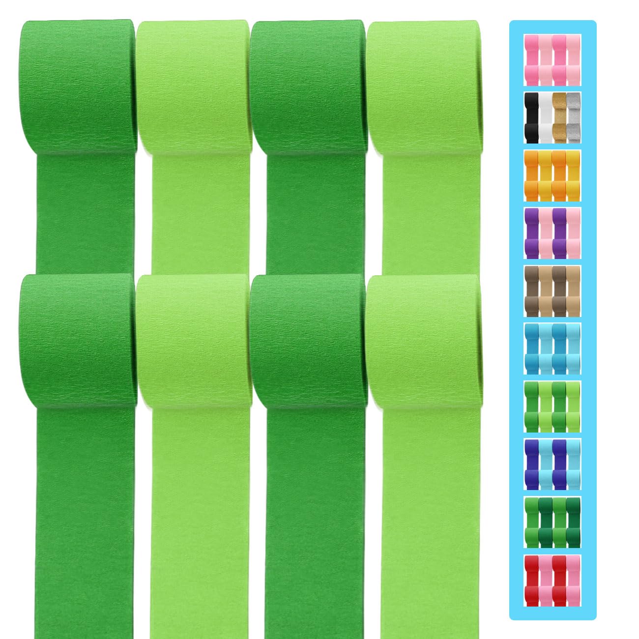 8 Rolls Crepe Paper Streamers 656ft, Pack of Light Green and Grass Green Party Steamers Set for Party Decoration Wedding Birthda