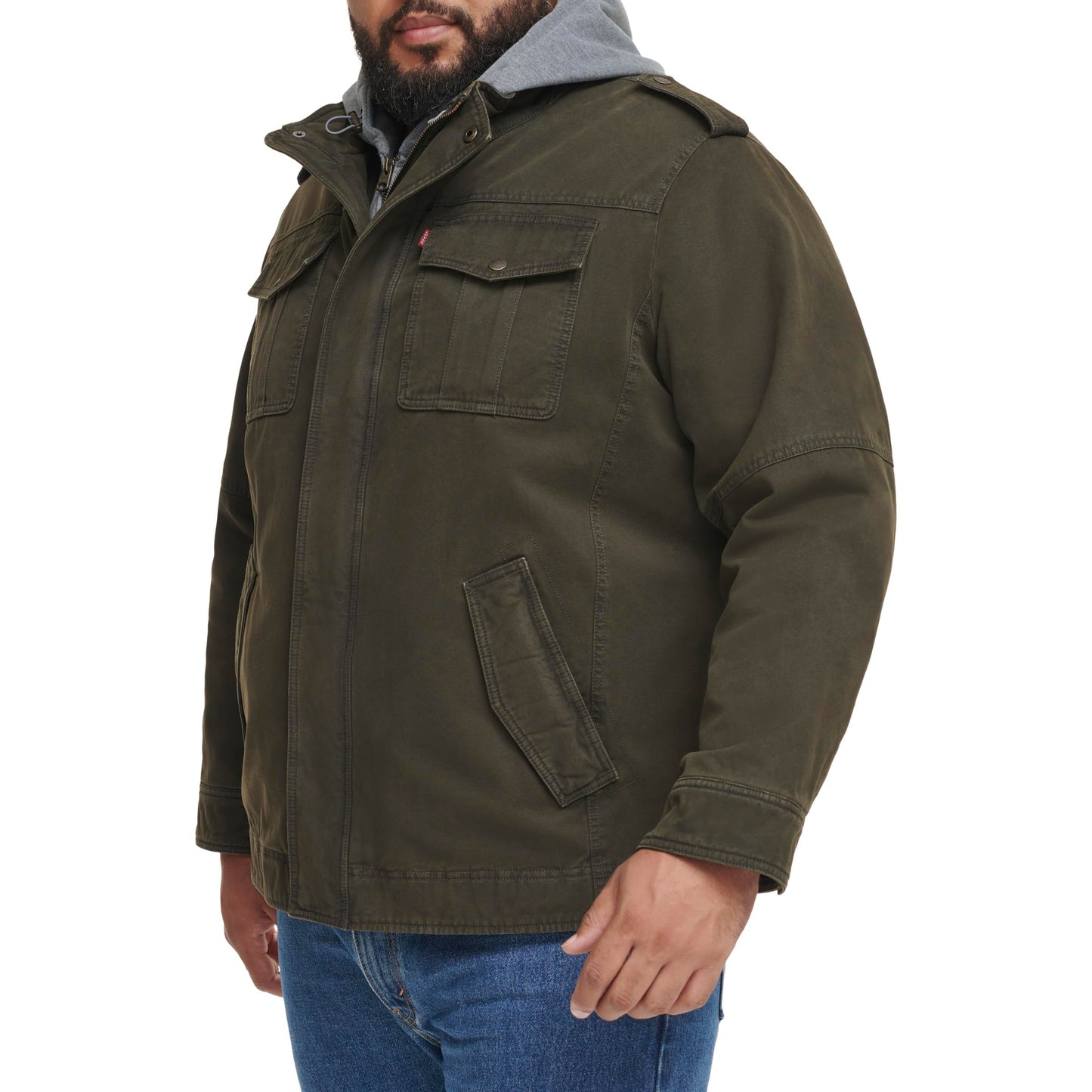 Levi's Men's Washed Hooded Military Jacket, X-Large, Olive Cotton, Model LM4RC364