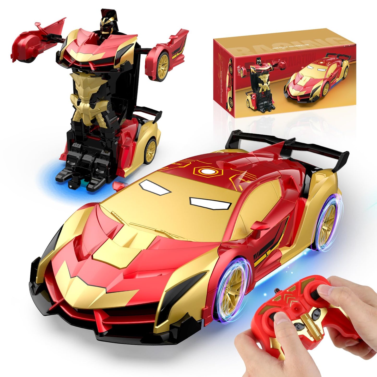 Transform RC Iron Man Cars Robot Toys with Underbody Lights, 2.4GHz Hero Remote Control Car One-Button Deformation, 360Rotation