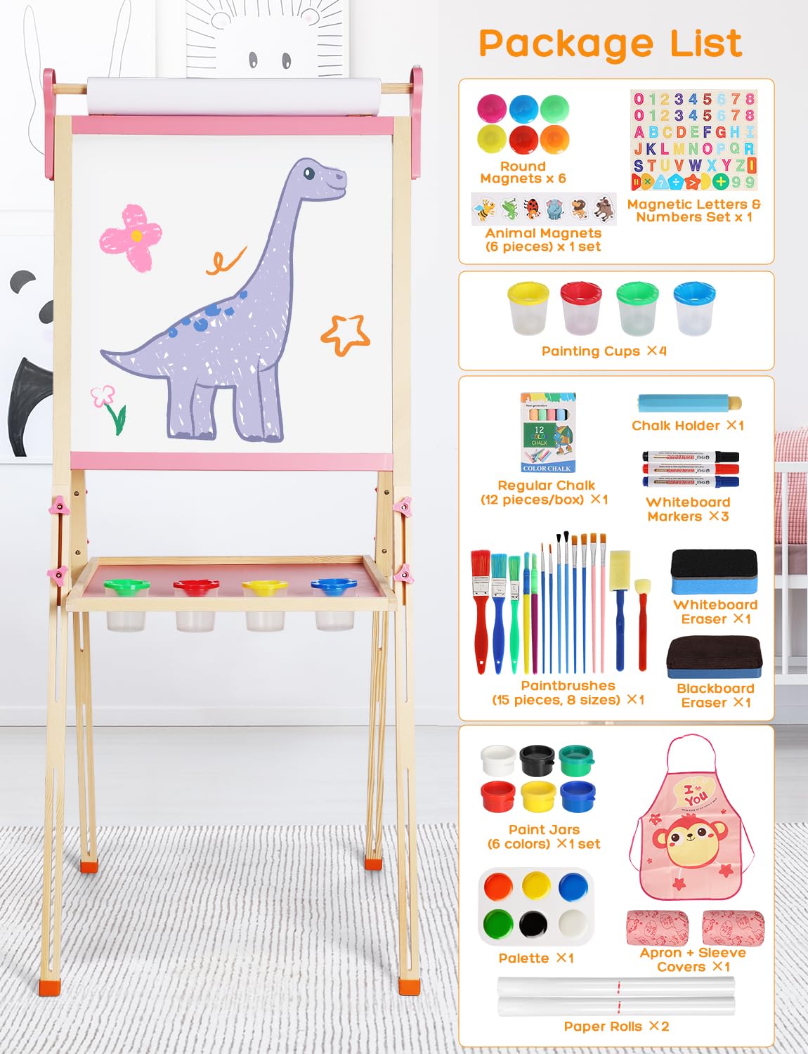 YOHOOLYO Kids Easel Wooden Children Art Easel Paper Roll,Double Sided Magnetic Whiteboard Chalkboard Dry Eraser Adjustable Heigh