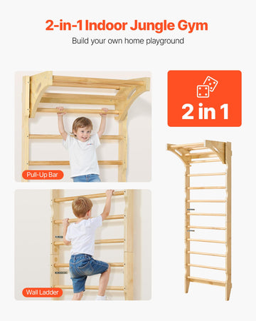 VEVOR Swedish Ladder Wall Gym, 2-in-1 10-Level Indoor Jungle Gym, 220LBS Loading Solid Wood Gymnastic Stall Bars for Kids & Adul