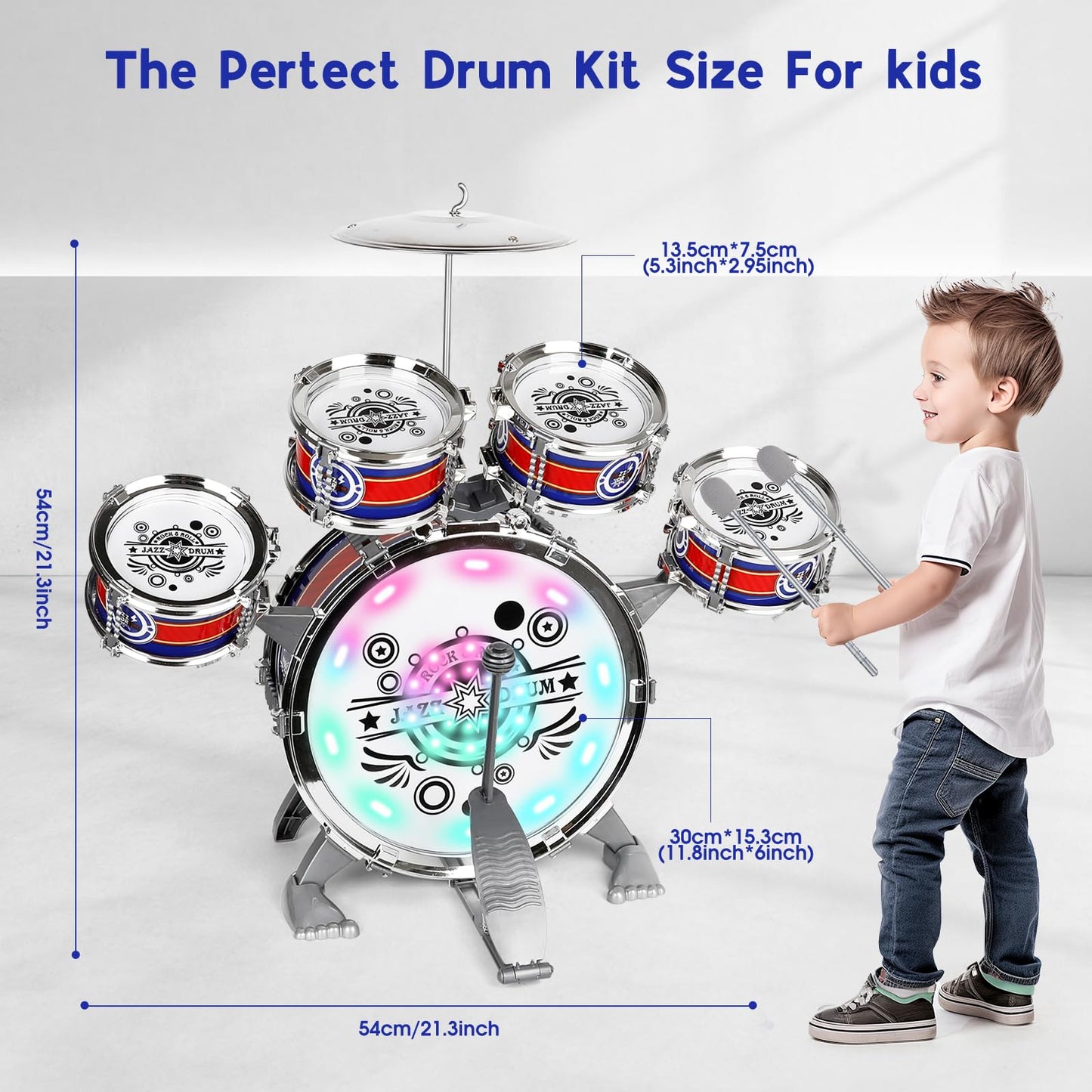 M Sanmersen Toddler Drum Kit For Ages 1-3 | 5-Piece Kids Drum Set With Stool & Cymbal | Compact Musical Instruments Toys Birthday Gift For 1- 3 Year Beginners Olds Boys Girls (Blue, With Led Light)