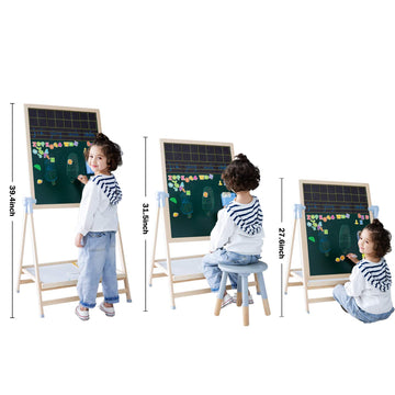 QZMTOY Kids Art Easel, Deluxe Standing Easel Set, Adjustable Art Table, Dry Erase Board&Chalkboard Double Sided Stand, 360Rotati