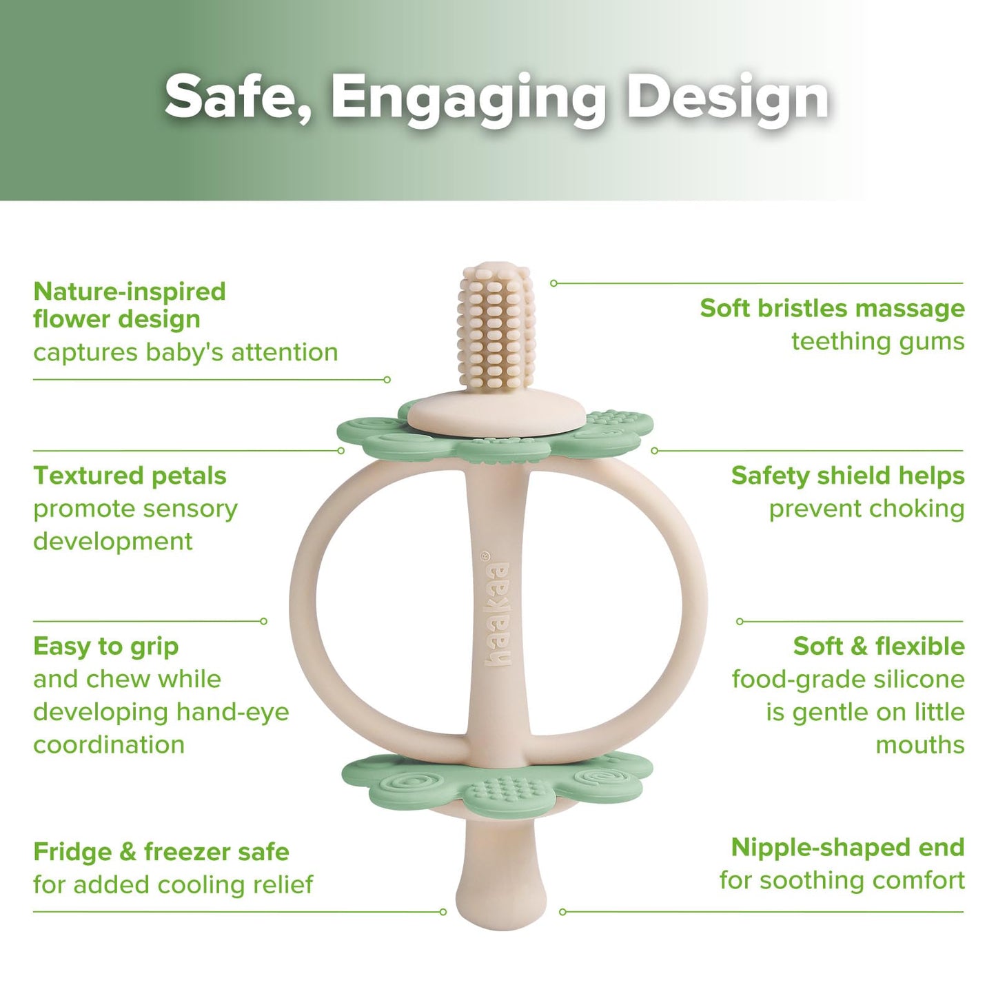 haakaa Silicone Baby Teething Toy - Nipple-Shaped Gum Massager & 360° Toothbrush, Easy Grip - Pea Green