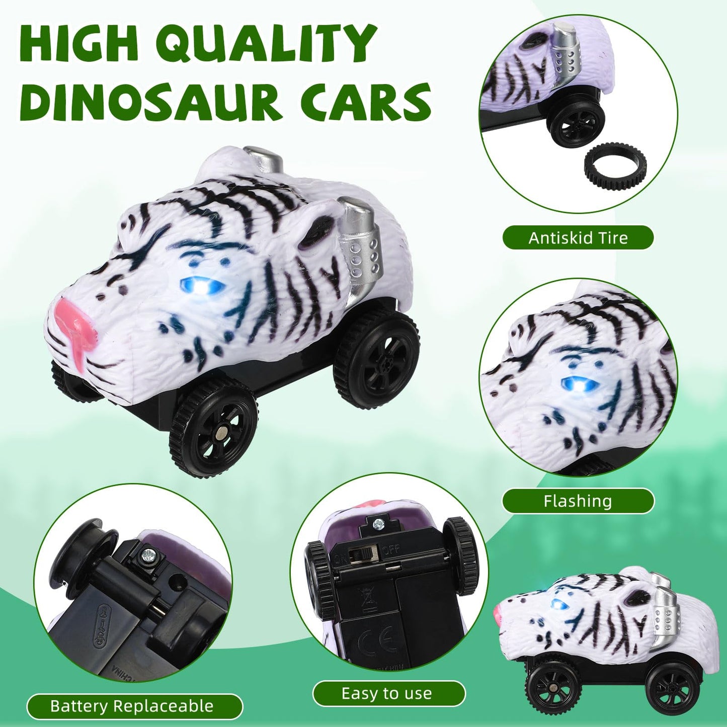 Skylety 6 Packs Dinosaur Track Car Race Track Replacement LED Light up Battery Powered Dinosaur Race Car Track Glow in The Dark