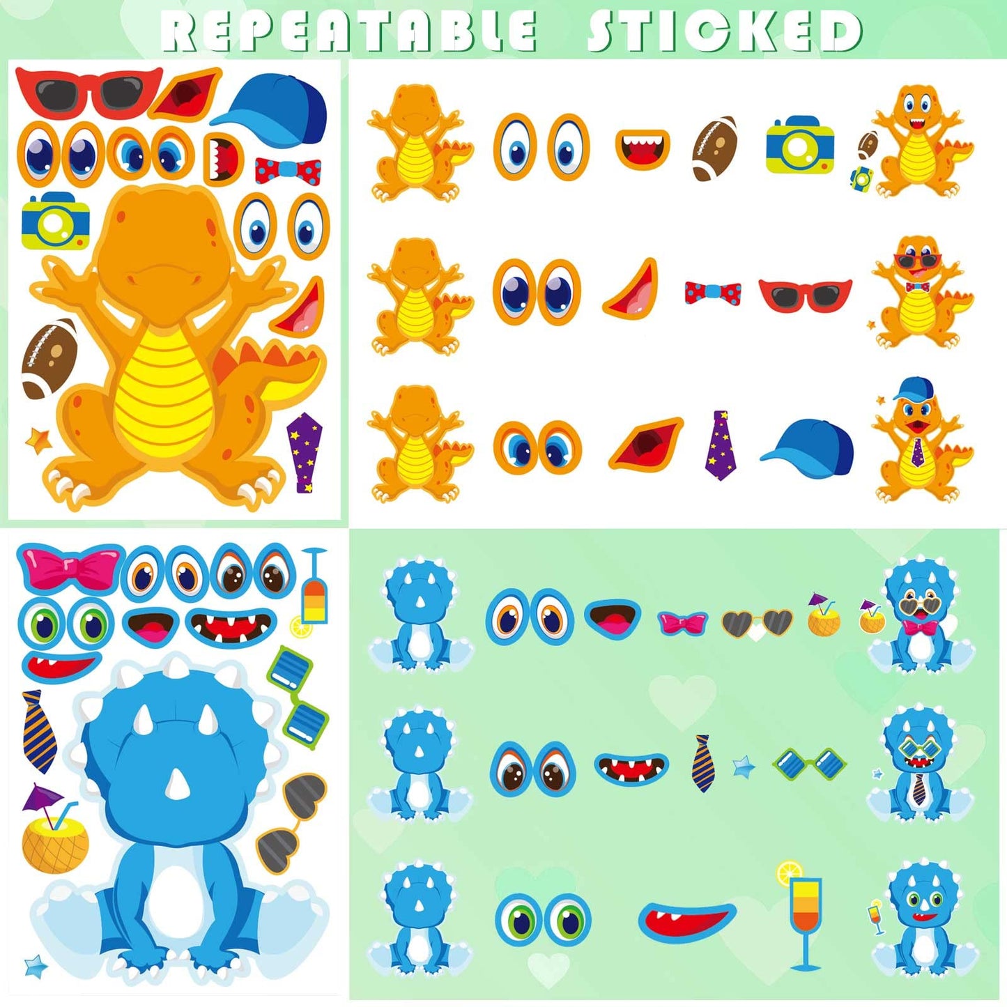 27 Sheet Dinosaur Stickers, Make Your Own Dinosaur Stickers For Kids,Make A Face Stickers Dinosaur Birthday Party Supplies,Diy P