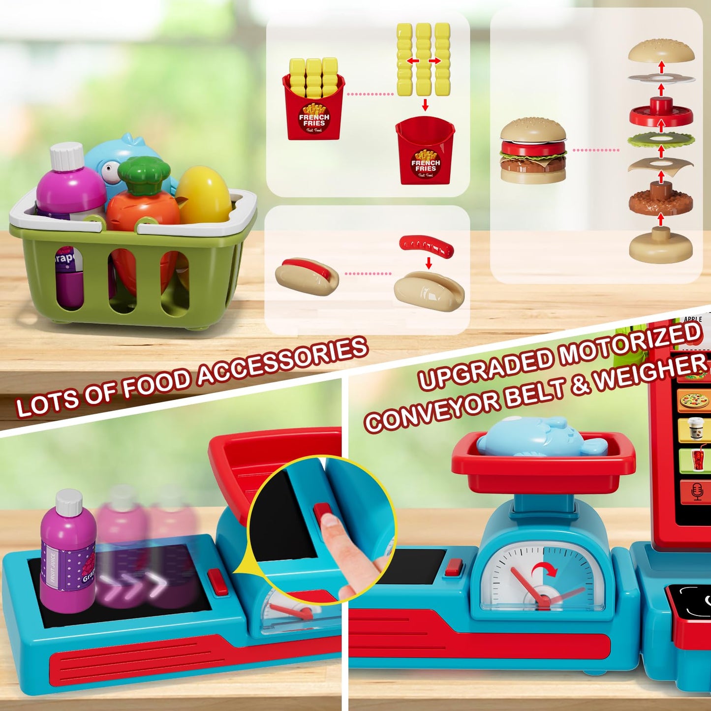 Wee Wonders 63PCS Cash Register for Kids, Kids Cash Register with Real Calculator, Pretend Play Store with Music/Motorized Conve