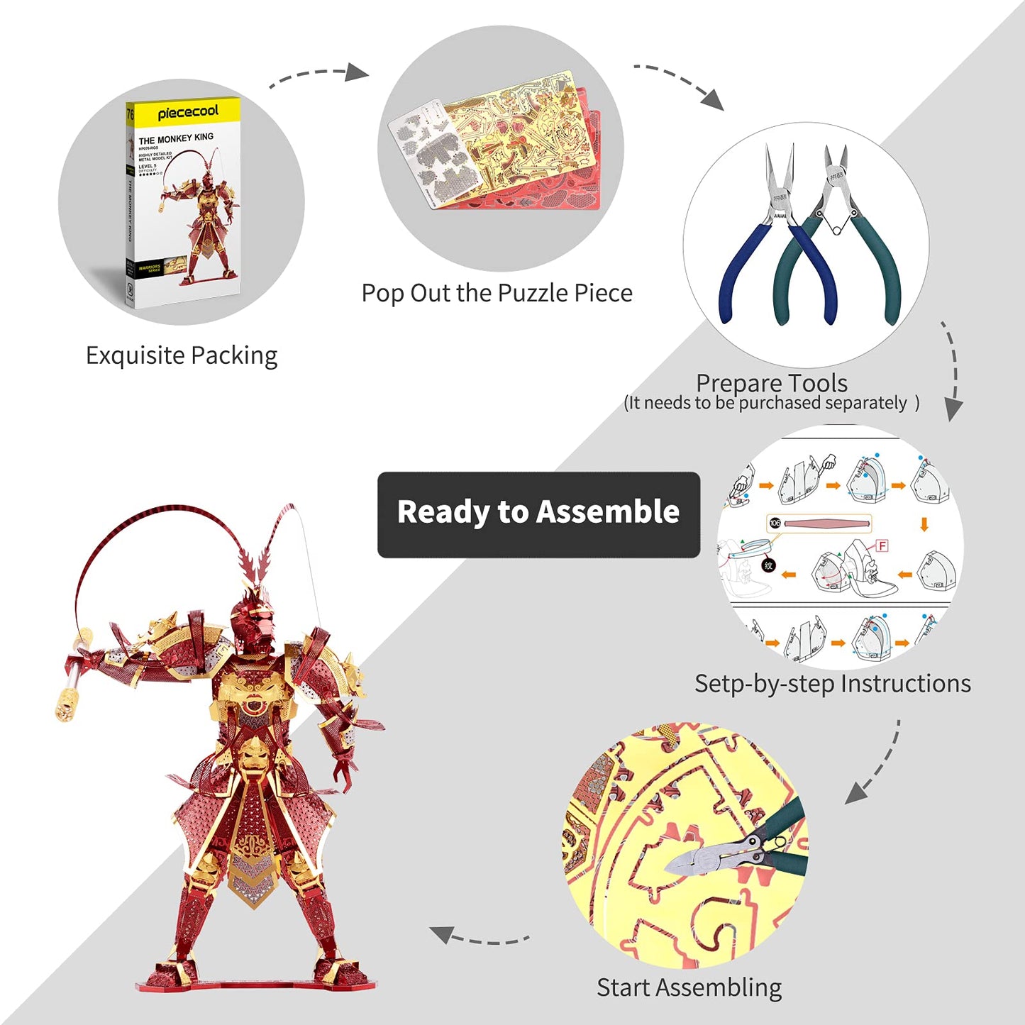 Piececool 3D Metal Puzzles Figure Model Kits, The Monkey King Models Building Kit For Adults, Brain Teaser Diy 3D Metal Model Kits Stress Toys For Teens Students, Great Birthday Gifts, 166 Pcs