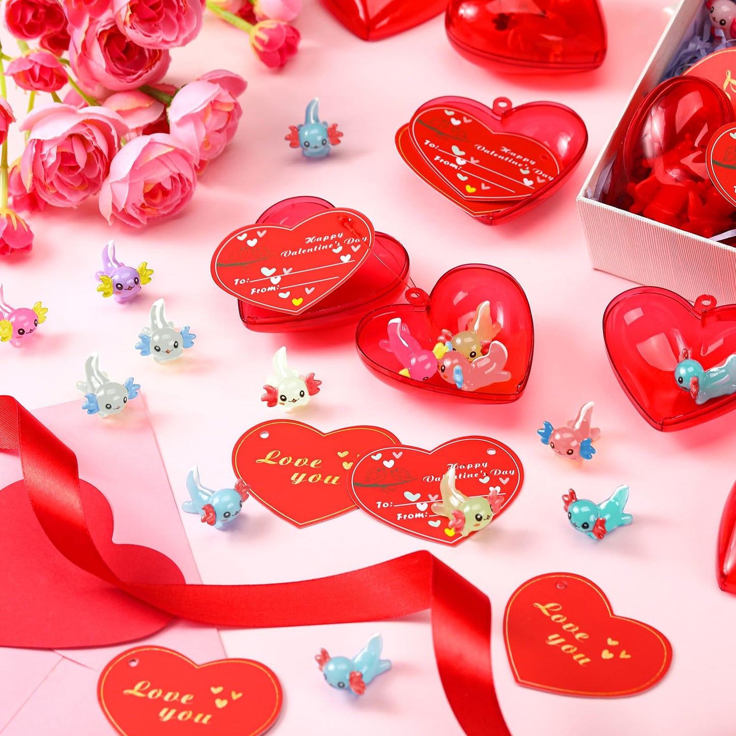 Syhood 28 Pcs Valentines Party Favors Set Toys Luminous Axolotl Filled Hearts Kawaii Animal Resin Axolotl Toy for Valentines Da