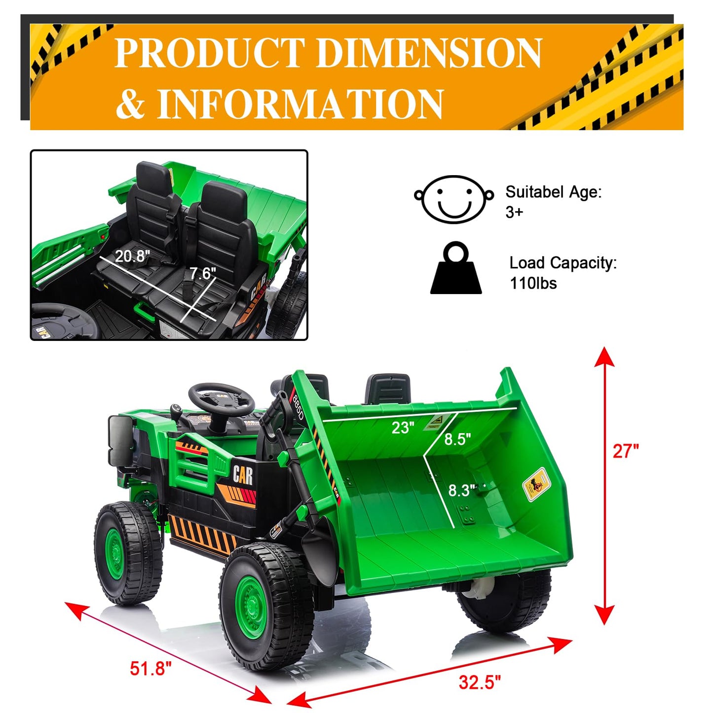 Finito Xl 24V Ride On Toys For Big Kids, 4Wd 2 Seater Ride-On Dump Truck With Remote Control, Electric Dump Bed, And Extra Shove