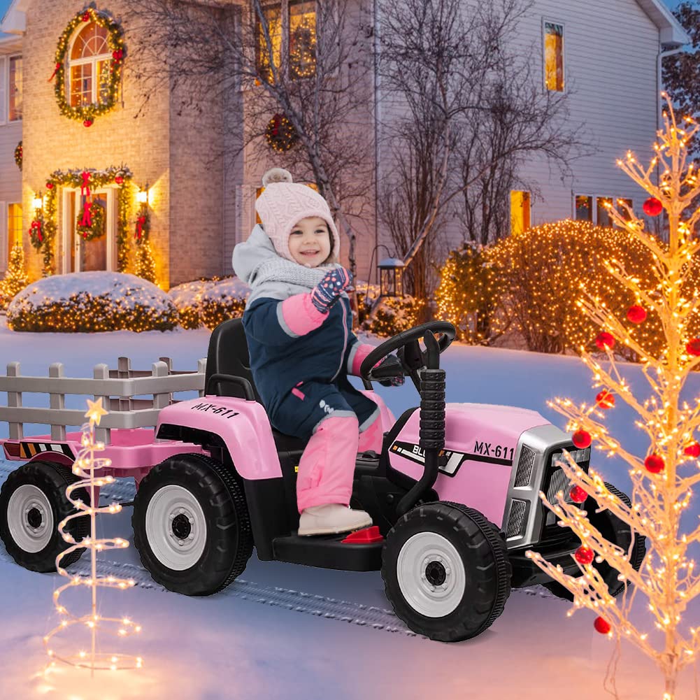 12V Kids Battery Powered Electric Tractor With Trailer, Toddler Ride On Car With Remote Control/ 7-Led Headlights/ 2+1 Gear Shift/Music Player/Usb Port For Kids 3-6 Years (Lightpink, 25W-Tread Tire)