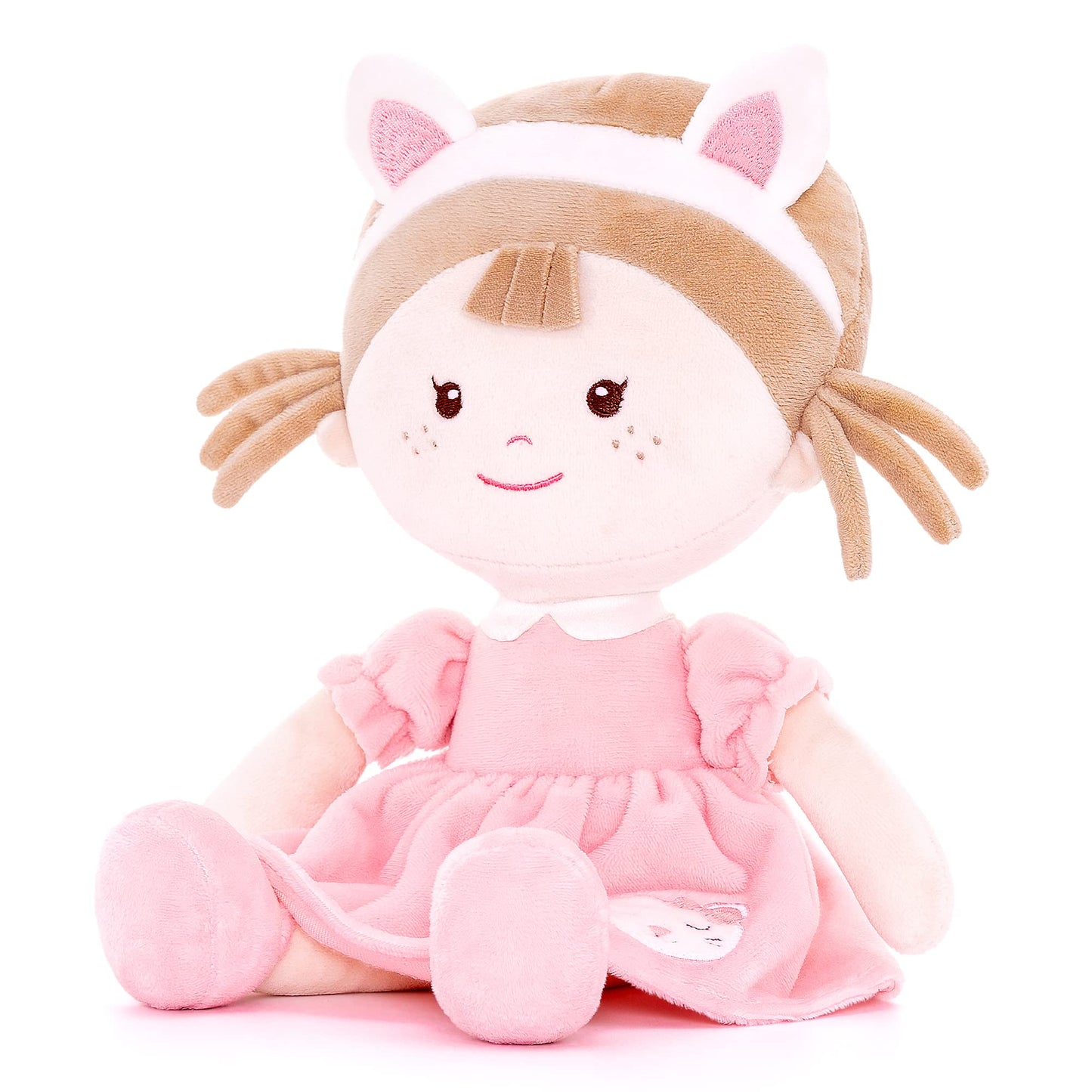 Onetoo First Baby Doll Cuddle Buddy Doll Soft Baby Doll Baby Dolls Plush Rag Doll Wear Kitty Costume Pinkdress 14'(Milly Series)