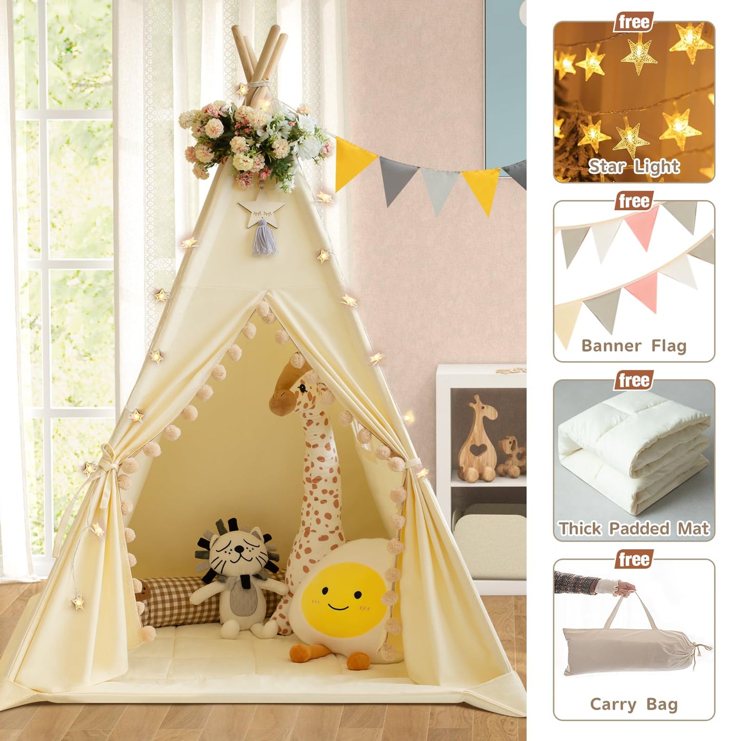 Wirhao Teepee Tent For Kids With Padded Mat Cotton Canvas Kids Tent With Pompom For Toddlers Indoor Kids Play Tent For Girls Boy