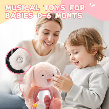 Koty Musical Tummy Time Toy Baby Mirror Toy 3 Years Old Infant Sensory Toy with Crinkle Sounds Textures Mirror & Melody Music Box for Tummy Time and Self-Discovery (Pink Rabbit)