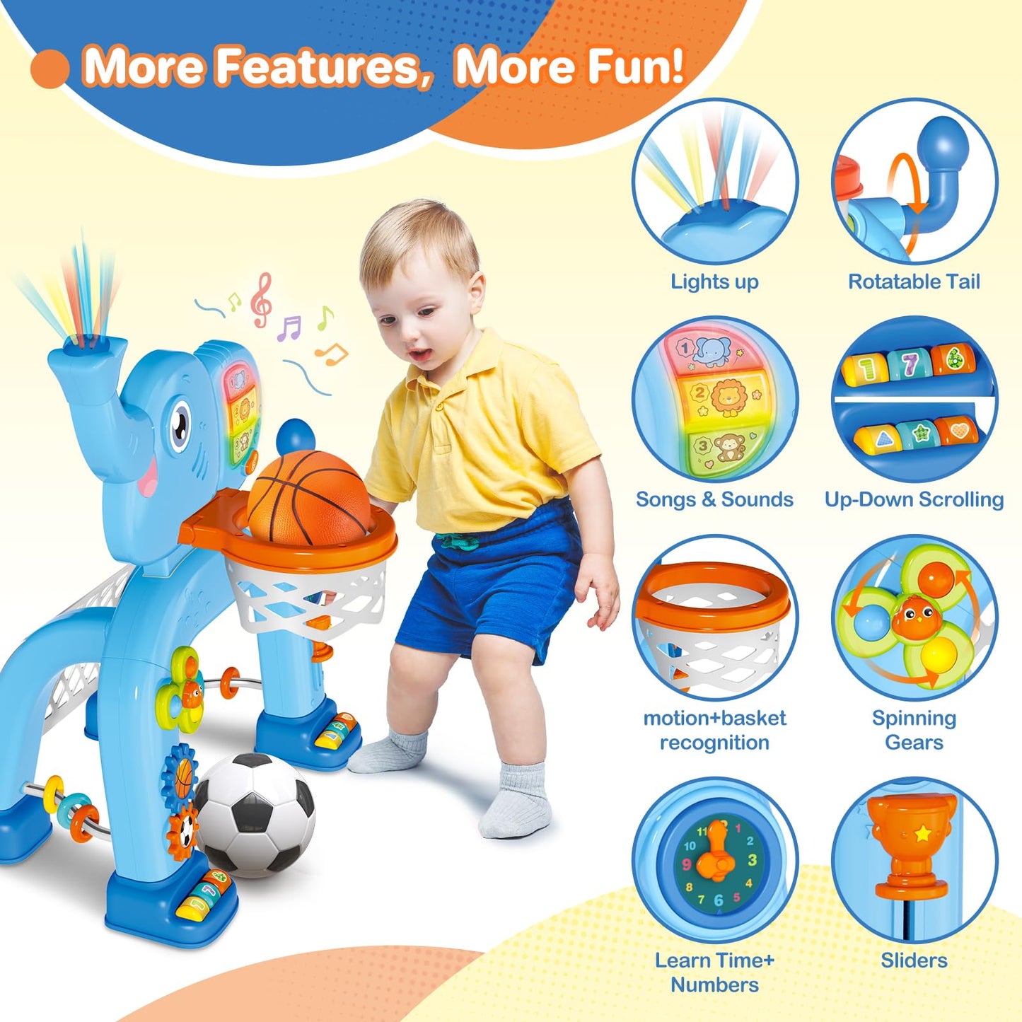 Shemira Toddler Basketball Hoop & Soccer Goal Activity Center with Lights & Music - Fun Gift for Boys & Girls Ages 1-3, Blue