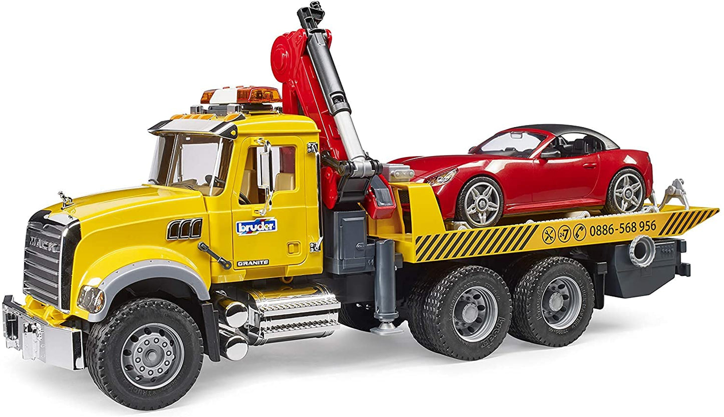 Bruder - Mack Granite Tow Truck with Bruder Roadster (02829) - For Ages (4) and Up - Compatible with bworld Figures