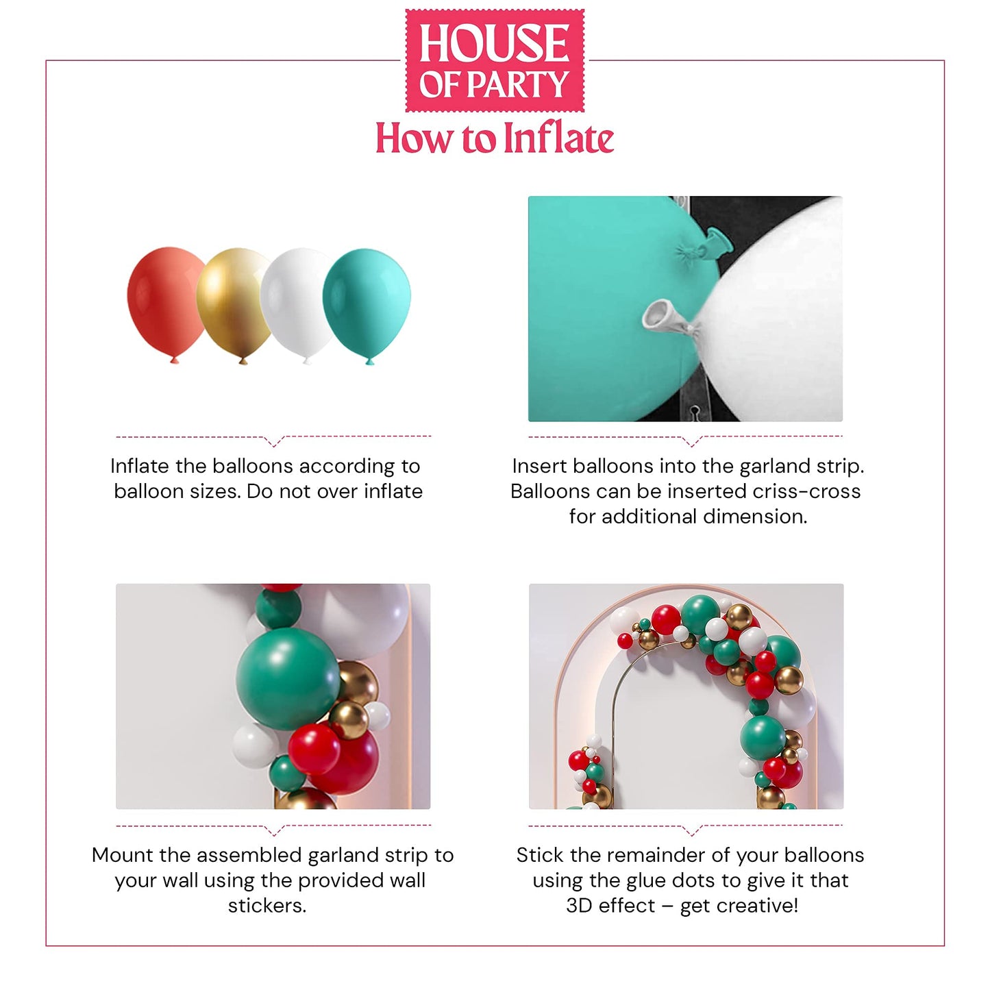 House Of Party Red, White And Gold Balloon Garland Kit 123 Pcs - Teal, Dark Red Metallic Balloons Arch For Valentine, Wedding, G