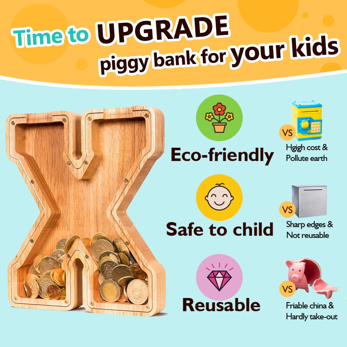 SummiDate Wooden Letter Piggy Bank| Piggy Bank for Boys Girls Toddler| Alphabet X Money Bank| Coin Bank Birthday Gift for Kids|Birthday Gift for Kids (X)