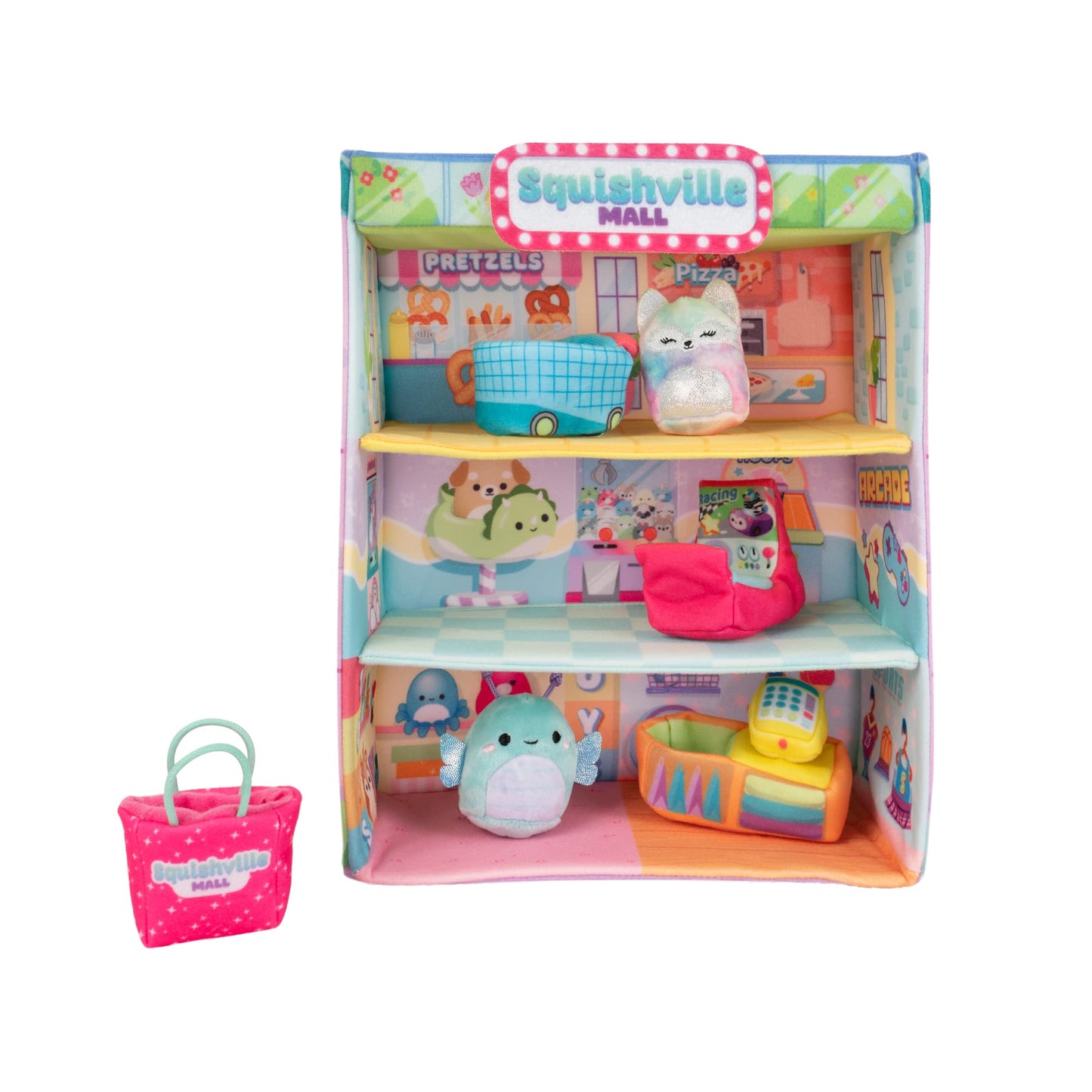 Squishville By Squishmallows Sqm0158 Mall-Two 2” Mini-Squishmallow Plush Characters, Themed Play Scene, Plus 4 Accessories Bag, Shopping Cart, Cash Register, Arcade Machine, Multi