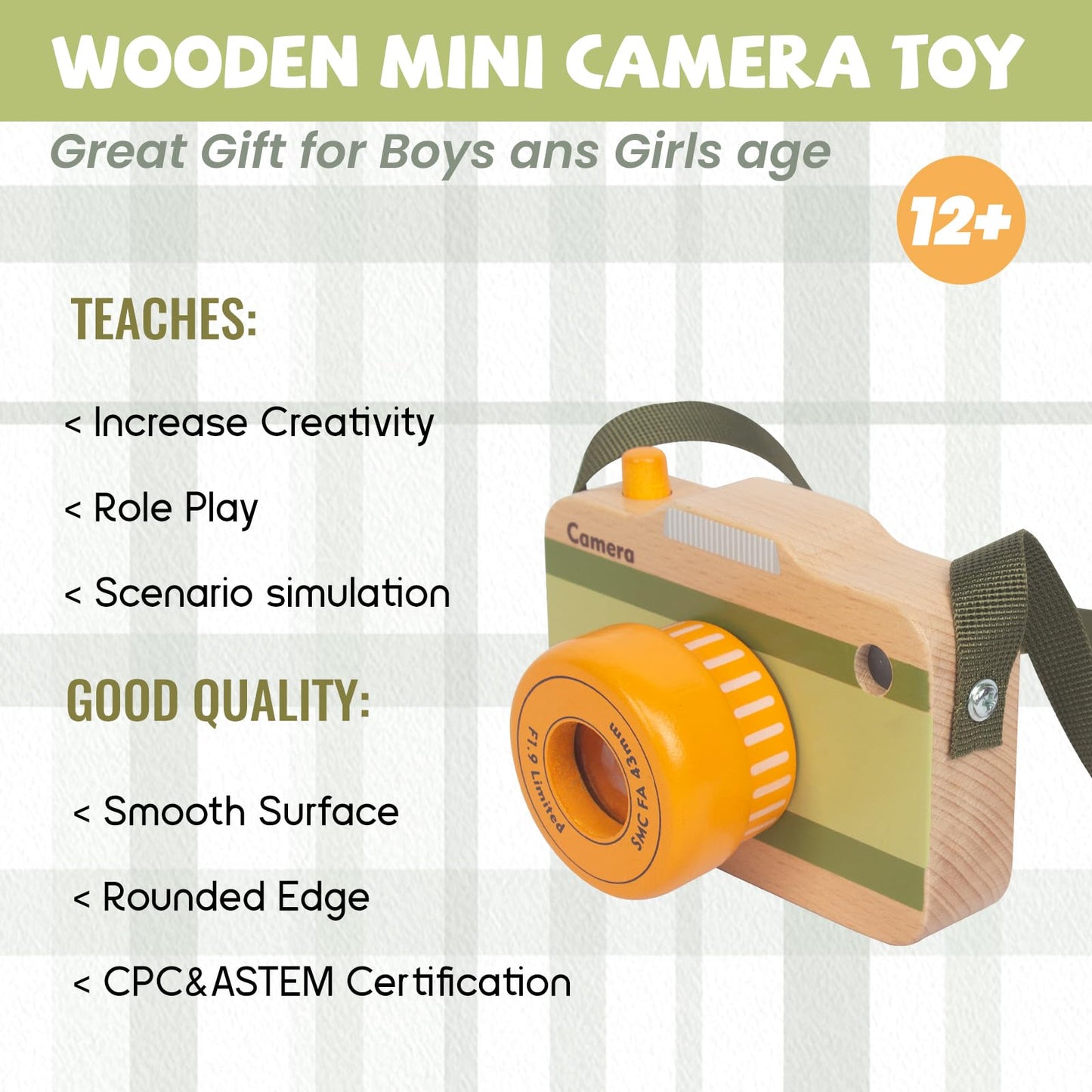 Wooden Mini Pretend Camera Toy With Real Sounds And Light For Toddlers 1 2 3 Years Old, Neck Hanging Photographed Props For Boys