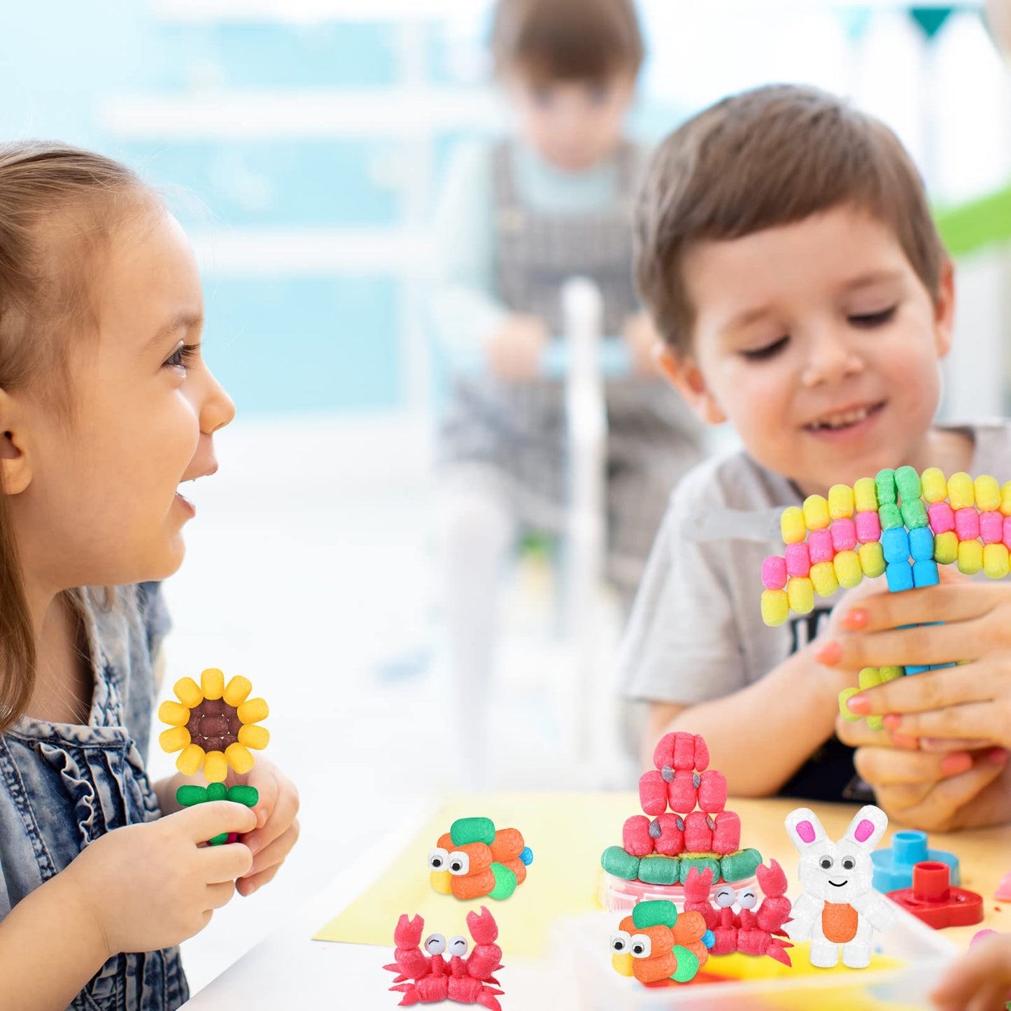 Junkin 1000 Pcs Magic Noodles Foam Crafts Puffs Corn Super Crafts Arts Kit Bulk Building Blocks Model Toys Valentines Kid Gifts