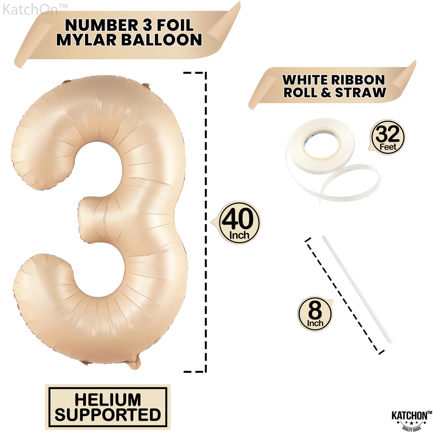 Katchon, Giant, Number 3 Balloon Caramel - 40 Inch | Number Three Balloon, 3Rd Birthday Party Decorations | 3Rd Birthday Balloon, 3Rd Birthday Decorations For Girls | 3 Year Old Birthday Decorations
