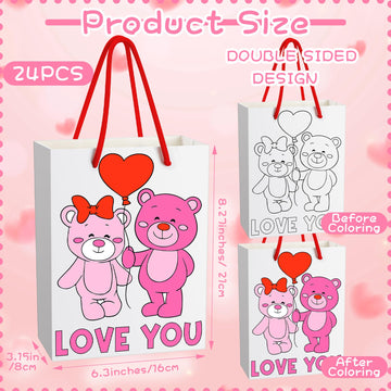 Resholder 24 Pcs Valentines Day Paper Coloring Bags with Handle Color Your Own Candy Gift Bags Valentine Heart DIY Craft Goody