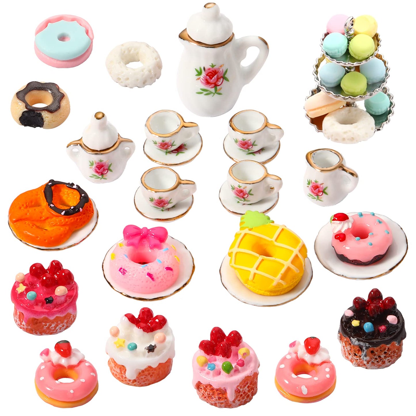 40 Pcs 1:12 Scale Dollhouse Miniature Kitchen Accessories Set Includes 15 Flower Pattern Porcelain Tea Cup 24 Mixed Pretend Cake Foods 1 Mini Three-Tier Cake Stand For Decor Supply (Sweet Style)