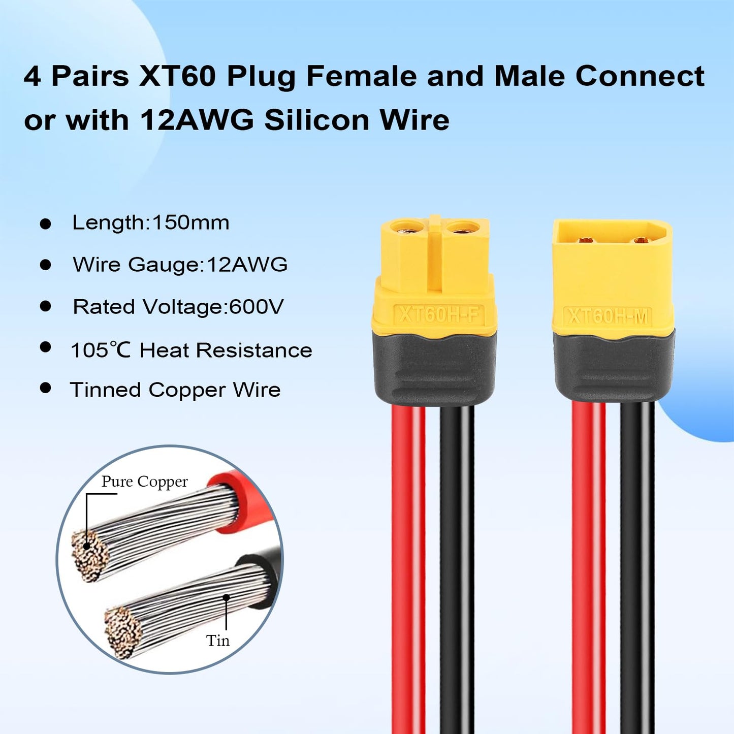 MOOKEERF 4 Pairs XT60 Plug Female and Male Connector with 150mm 12AWG Silicon Wire for RC Lipo Battery FPV Racing Drone