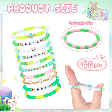 Landical 40 Pcs Happy Easter Bracelets For Women Colorful Stretch Egg Bunny Bracelets Easter Party Supplies