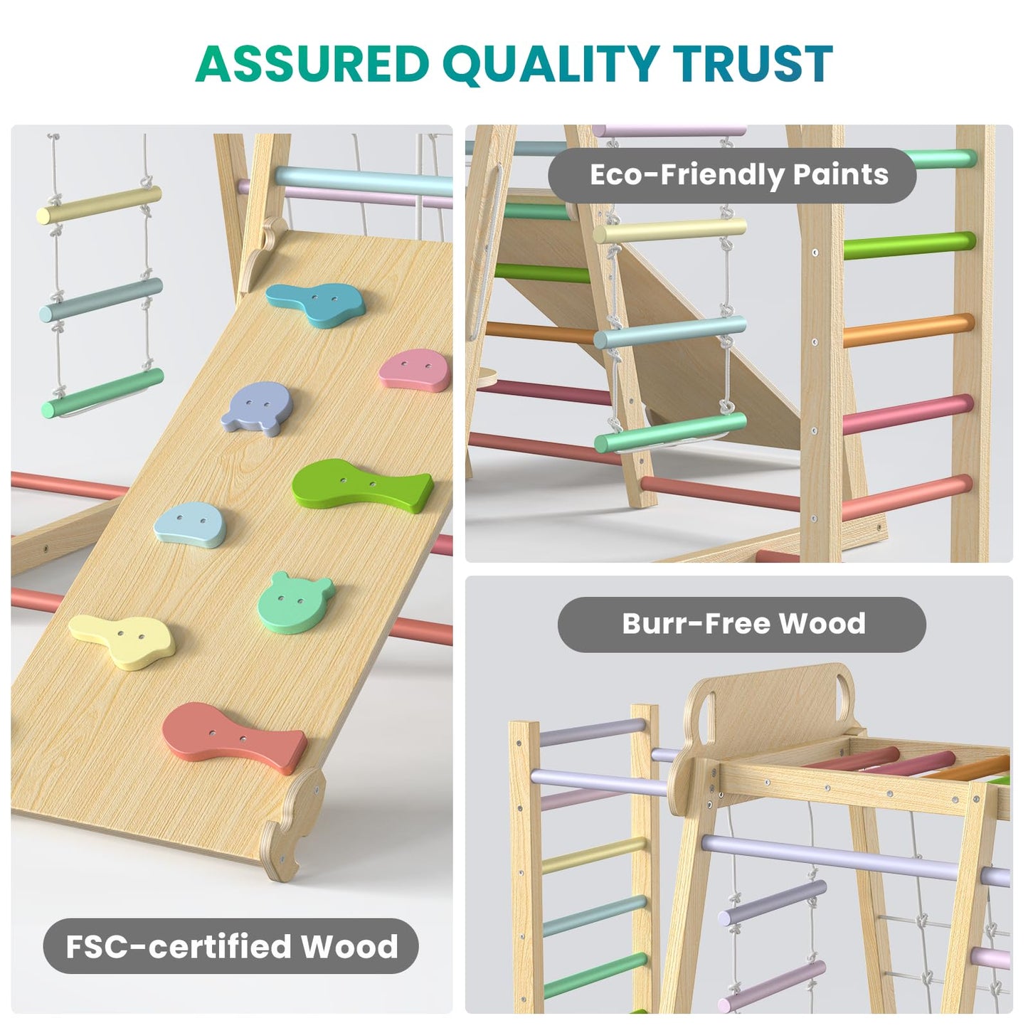 Upgraded Indoor Playground 9-In-1 Jungle Gym Kids Climbing Toys, Montessori Waldorf Style Wooden Climber Playset With Slide, Swi